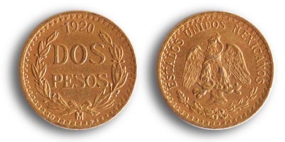 1920 Dos Pesos Gold Mexican Coin